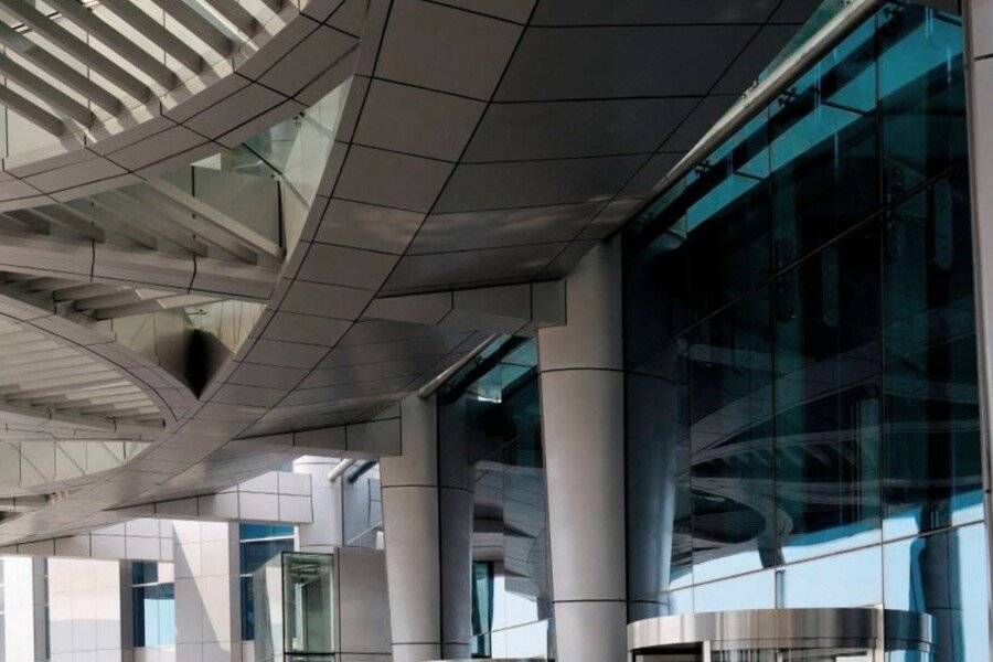 JW Marriott Marquis Hotel lobby, hotel facade, front desk, parking