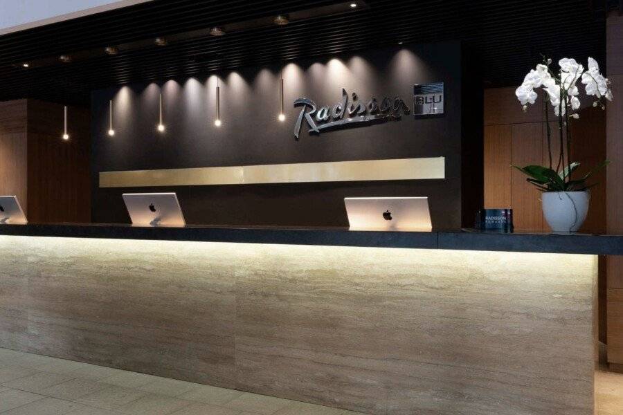 Radisson Blu Hotel front desk, lobby, restaurant