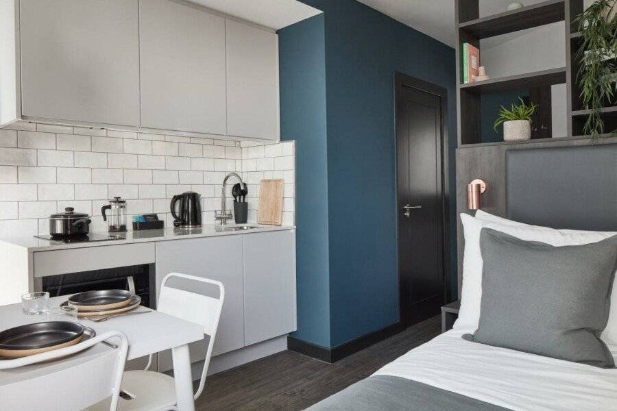 ARK Canary Wharf kitchen, hotel bedroom