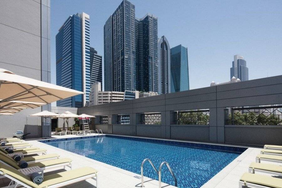 Rove Trade Centre rooftop pool, outdoor pool, hotel facade