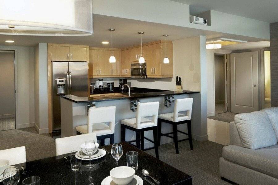 Hilton Grand Vacations Club Elara Center Strip Las Vegas kitchen, hotel bedroom