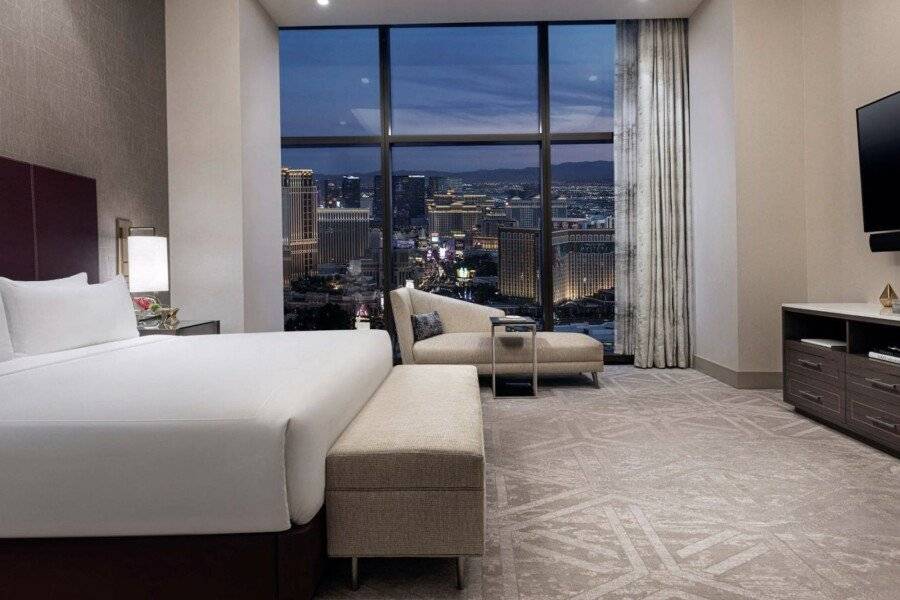 Crockfords Las Vegas, LXR Hotels & Resorts at Resorts World hotel bedroom,ocean view